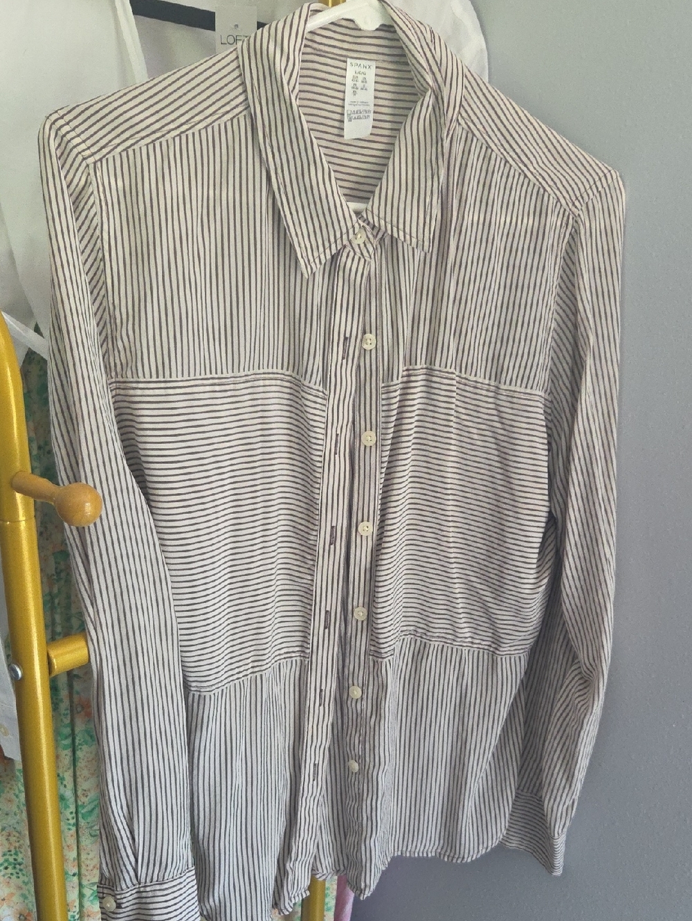 SPANX Woman's Long-Sleeve Striped Button-Down Shirt in Cream and Black